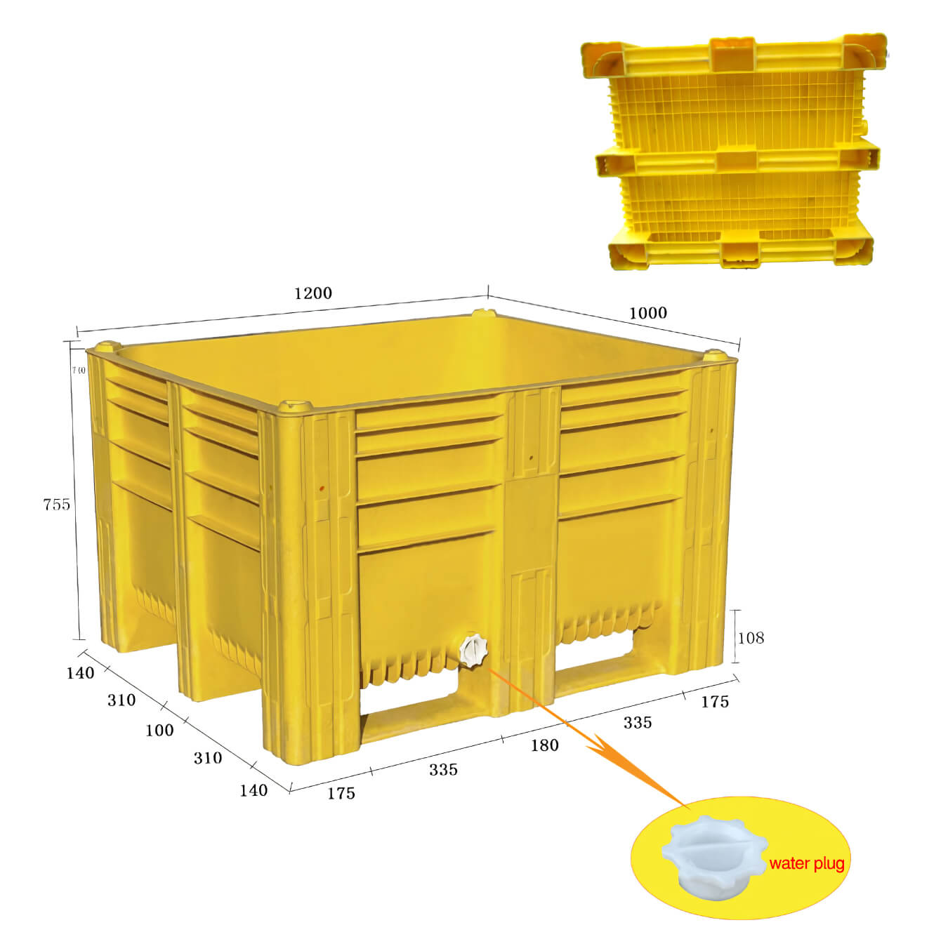 1200x1000x755mm 頑丈な積み重ね可能な固体プラスチックバルクコンテナ