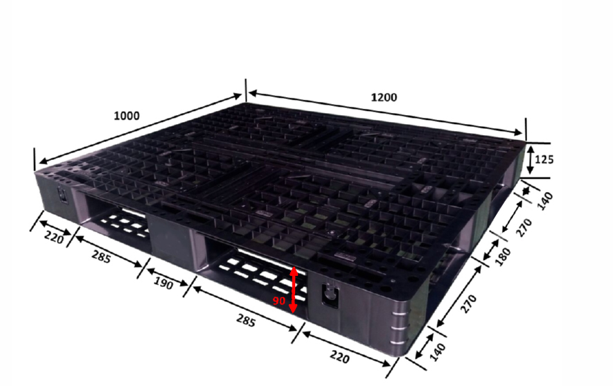 1200 x 1000 ブラック軽量薄型リサイクル プラスチック パレット
