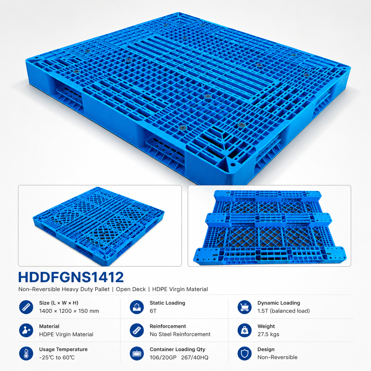 1400x1200x150 mm 両面オープンデッキプラスチックパレット