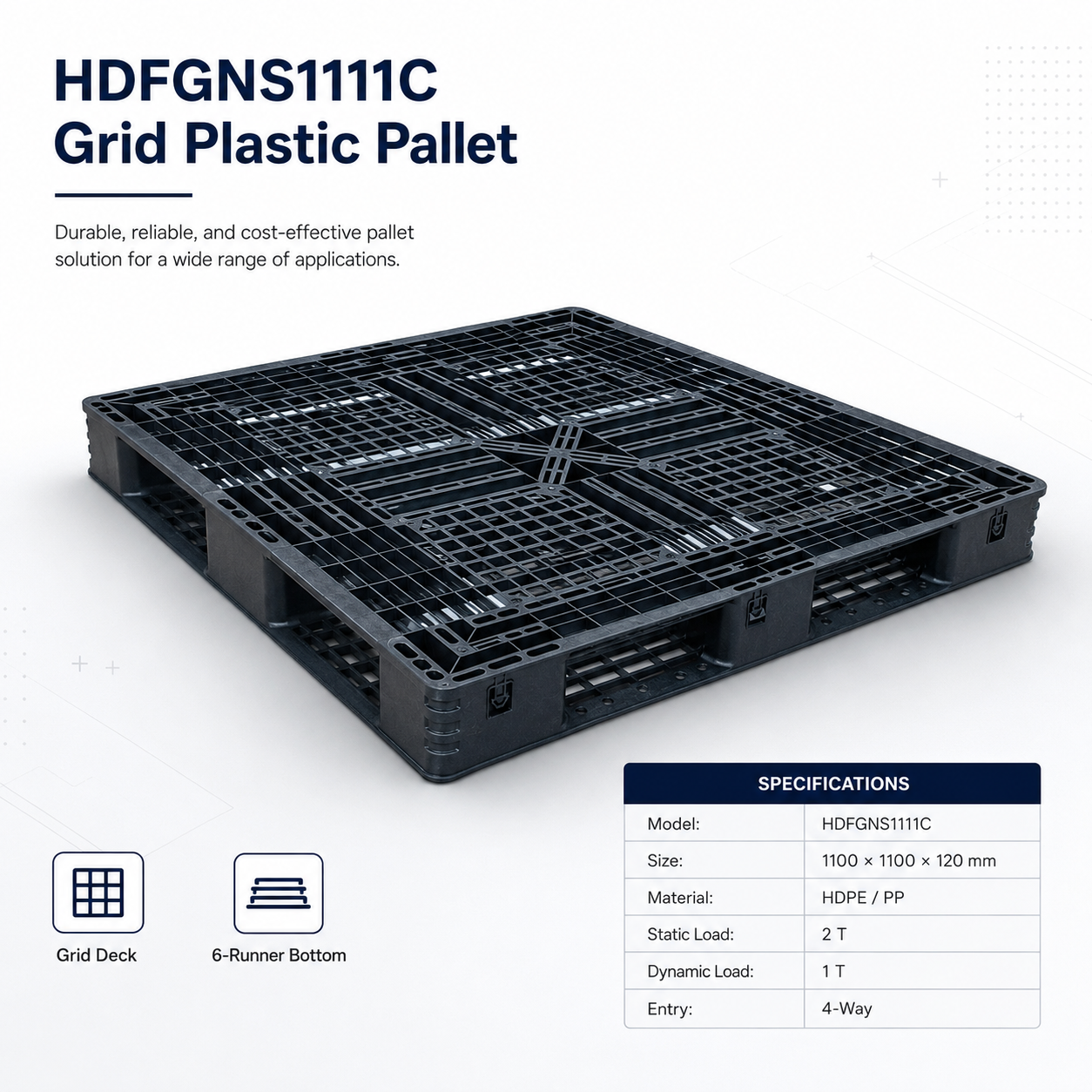 1100x1100x120 mm 全周ソリッドトッププラスチックパレット